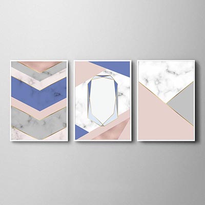 Kit De Quadros Decorativos Moderno Linhas Abstratas Azul Salmão e Branco Quarto Sala 