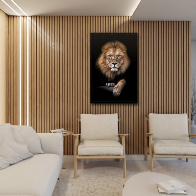 Quadro Decorativo Leão Majestoso Fundo Preto Grande Sala 