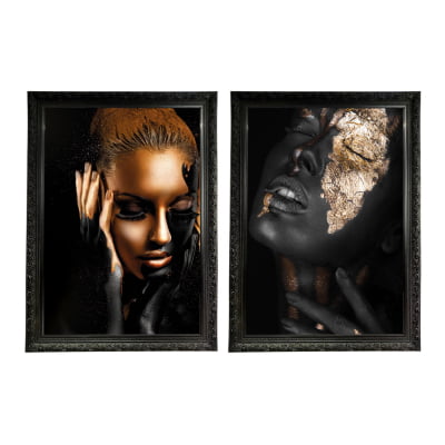 Kit 2 Quadros Decorativos Para Sala Quarto Mulheres Negras Perfil Dourado